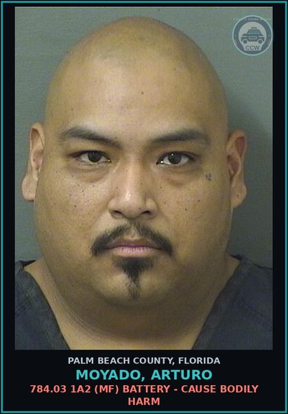 CCW arrest card for MOYADO, ARTURO in Palm Beach County: 784.03 1A2 (MF) BATTERY - CAUSE BODILY HARM