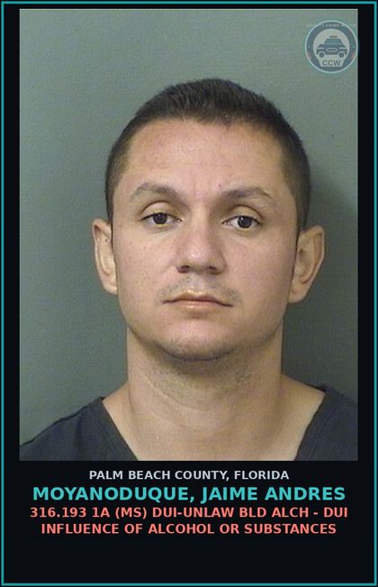 CCW arrest card for MOYANODUQUE, JAIME ANDRES in Palm Beach County: 316.193 1A (MS) DUI-UNLAW BLD ALCH - DUI INFLUENCE OF ALCOHOL OR DRUGS