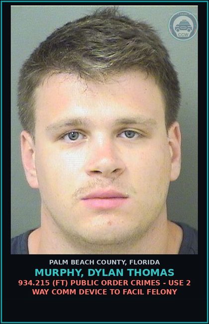 CCW arrest card for MURPHY, DYLAN THOMAS in Palm Beach County: 847.0135 4A (FS) OBSCENE COMMUNICATION - TRAVEL TO MEET AFTER USE COMPUT TO LURE chld