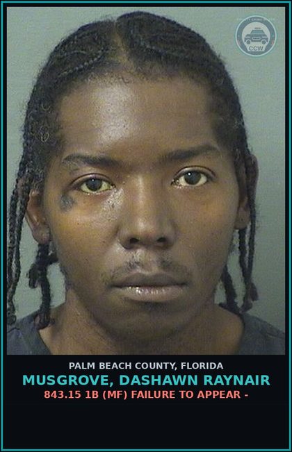 CCW arrest card for MUSGROVE, DASHAWN RAYNAIR in Palm Beach County: 322.34 2A (MS) MOVING TRAFFIC VIOL - DRIV WHILE LIC SUSPEND REVOCATION EQUIV STATUS