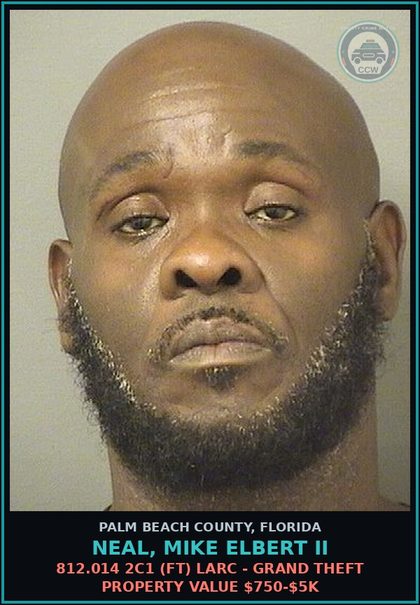 CCW arrest card for NEAL, MIKE ELBERT II in Palm Beach County: 812.014 2C1 (FT) LARC - GRAND THEFT PROPERTY VALUE $750-$5K