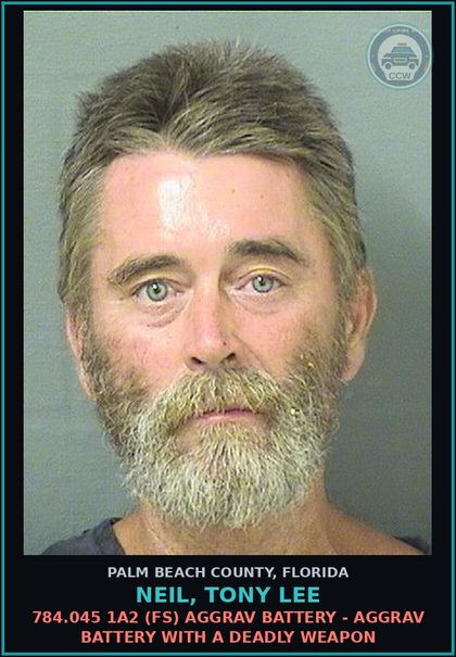 CCW arrest card for NEIL, TONY LEE in Palm Beach County: 784.045 1A2 (FS) AGGRAV BATTERY - AGGRAV BATTERY WITH A DEADLY WEAPON