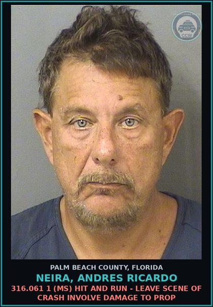 CCW arrest card for NEIRA, ANDRES RICARDO in Palm Beach County: 316.061 1 (MS) HIT AND RUN - LEAVE SCENE OF CRASH INVOLVE DAMAGE TO PROP