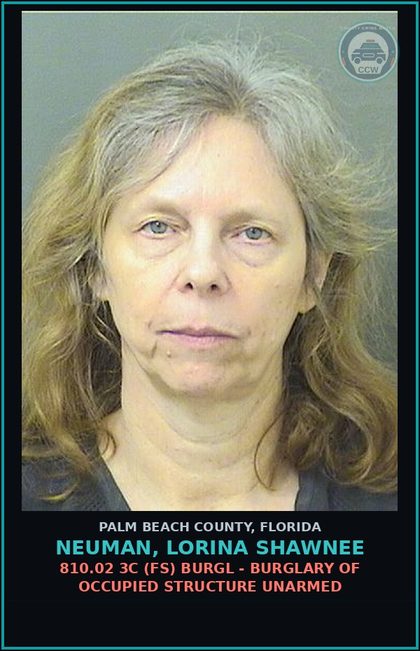 CCW arrest card for NEUMAN, LORINA SHAWNEE in Palm Beach County: 806.13 1B3 (FT) DAMAGE PROP-CRIM MISCH - CRIMINAL MISCHIEF DAMAGE PROPERTY $1000+