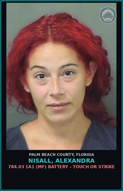 CCW arrest card for NISALL, ALEXANDRA in Palm Beach County: 784.03 1A1 (MF) BATTERY - TOUCH OR STRIKE