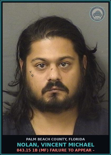 CCW arrest card for NOLAN, VINCENT MICHAEL in Palm Beach County: 843.15 1B (MF) FAILURE TO APPEAR -