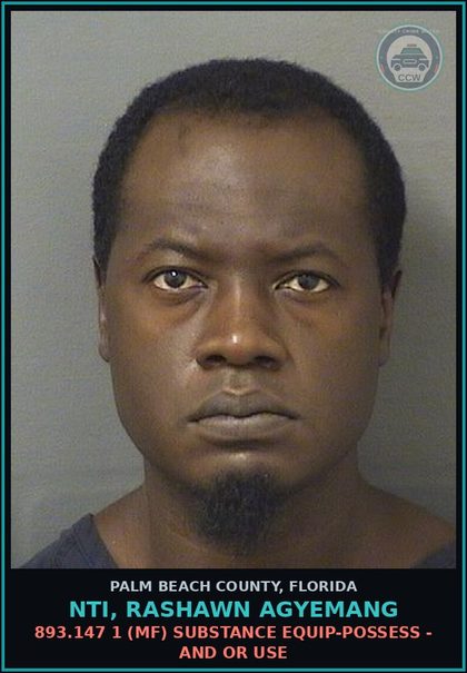 CCW arrest card for NTI, RASHAWN AGYEMANG in Palm Beach County: 893.13 6A (FT) DRUGS-POSSESS - POSSESS contr substance W/O PRESCRIPTION