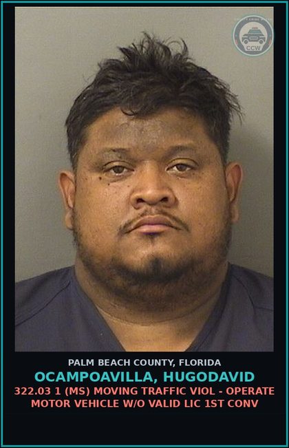 CCW arrest card for OCAMPOAVILLA, HUGODAVID in Palm Beach County: 322.03 1 (MS) MOVING TRAFFIC VIOL - OPERATE MOTOR VEHICLE W/O VALID LIC 1ST CONV