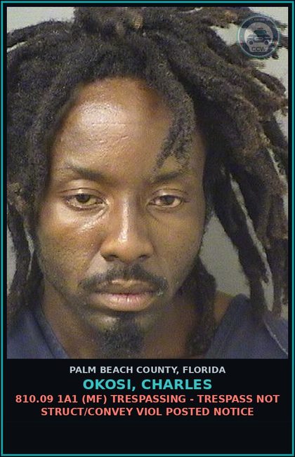 CCW arrest card for OKOSI, CHARLES in Palm Beach County: 810.09 1A1 (MF) TRESPASSING - TRESPASS NOT STRUCT/CONVEY VIOL POSTED NOTICE