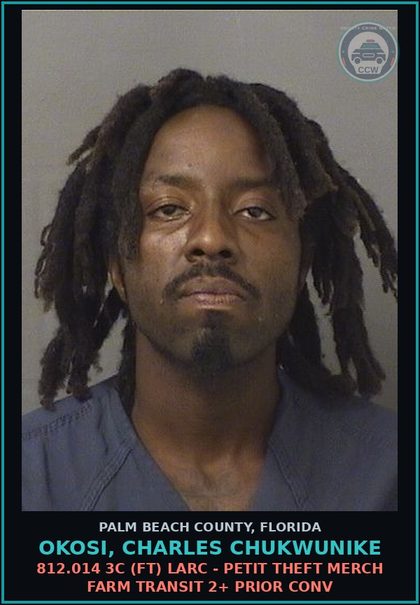 CCW arrest card for OKOSI, CHARLES CHUKWUNIKE in Palm Beach County: 812.014 3C (FT) LARC - PETIT THEFT MERCH FARM TRANSIT 2+ PRIOR CONV