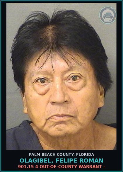 CCW arrest card for OLAGIBEL, FELIPE ROMAN in Palm Beach County: 901.15 4 OUT-OF-COUNTY WARRANT -