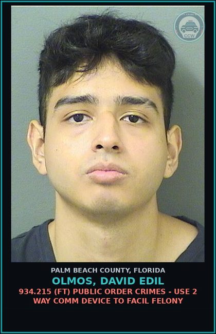 CCW arrest card for OLMOS, DAVID EDIL in Palm Beach County: 847.0135 4A (FS) OBSCENE COMMUNICATION - TRAVEL TO MEET AFTER USE COMPUT TO LURE chld