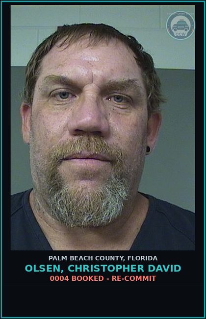 CCW arrest card for OLSEN, CHRISTOPHER DAVID in Palm Beach County: 0004 BOOKED - RE-COMMIT
