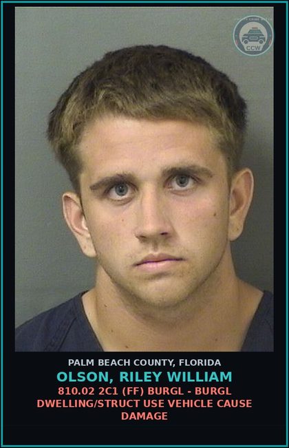 CCW arrest card for OLSON, RILEY WILLIAM in Palm Beach County: 810.02 2C1 (FF) BURGL - BURGL DWELLING/STRUCT USE VEHICLE CAUSE DAMAGE