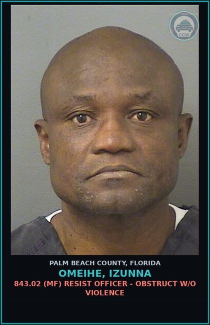 CCW arrest card for OMEIHE, IZUNNA in Palm Beach County: 741.29 7 (MF) CONDIT RELEASE VIOLATION - PRE TRIAL RELEASE COND VIOL FOR DOMEST VIOL