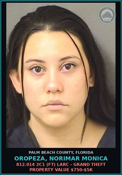 CCW arrest card for OROPEZA, NORIMAR MONICA in Palm Beach County: 812.014 2C1 (FT) LARC - GRAND THEFT PROPERTY VALUE $750-$5K