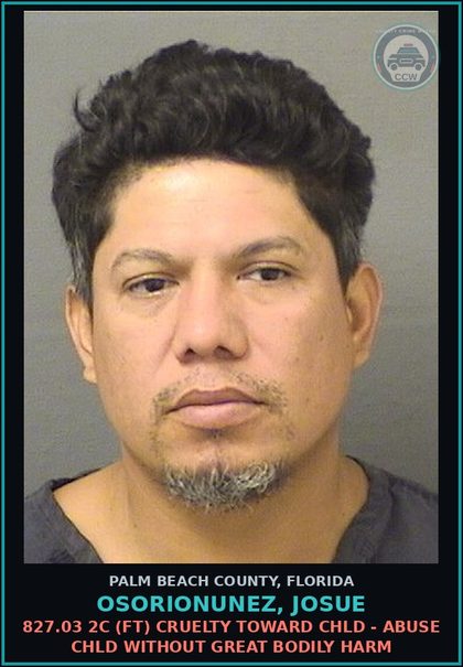 CCW arrest card for OSORIONUNEZ, JOSUE in Palm Beach County: 827.03 2C (FT) CRUELTY TOWARD chld - ABUSE chld WITHOUT GREAT BODILY HARM
