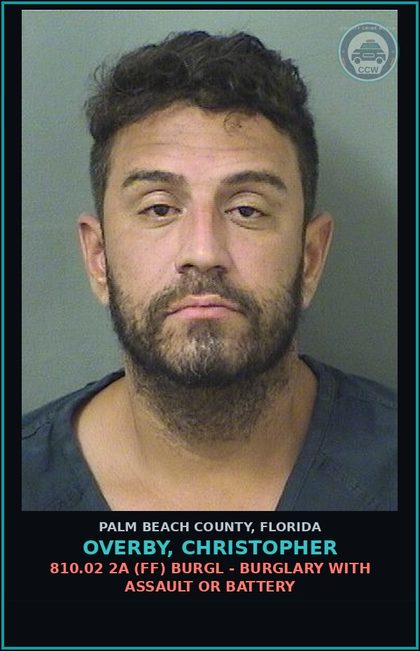 CCW arrest card for OVERBY, CHRISTOPHER in Palm Beach County: 784.048 4 (FT) AGGRAV STALKING - FOLLOW HARASS CYBERSTALK AFTER INJUNCTION