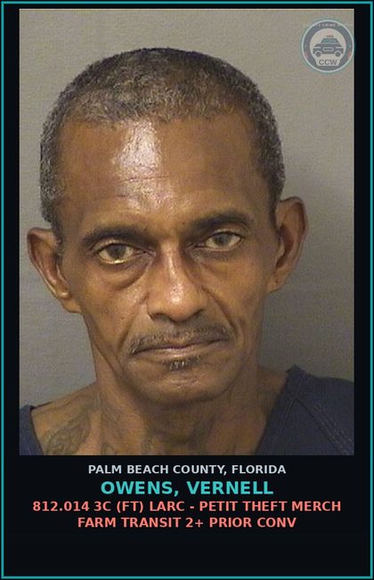 CCW arrest card for OWENS, VERNELL in Palm Beach County: 812.014 3C (FT) LARC - PETIT THEFT MERCH FARM TRANSIT 2+ PRIOR CONV