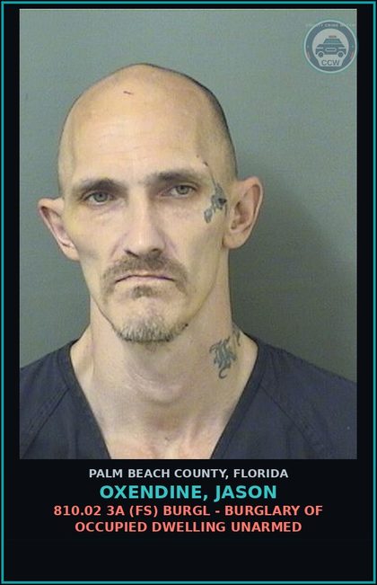 CCW arrest card for OXENDINE, JASON in Palm Beach County: 810.02 3A (FS) BURGL - BURGLARY OF OCCUPIED DWELLING UNARMED