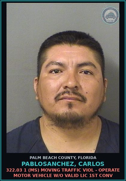 CCW arrest card for PABLOSANCHEZ, CARLOS in Palm Beach County: 322.03 1 (MS) MOVING TRAFFIC VIOL - OPERATE MOTOR VEHICLE W/O VALID LIC 1ST CONV
