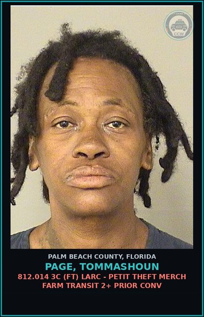 CCW arrest card for PAGE, TOMMASHOUN in Palm Beach County: 812.014 3C (FT) LARC - PETIT THEFT MERCH FARM TRANSIT 2+ PRIOR CONV
