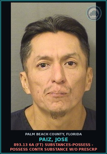 CCW arrest card for PAIZ, JOSE in Palm Beach County: 893.13 6A (FT) DRUGS-POSSESS - POSSESS contr substance W/O PRESCRIPTION