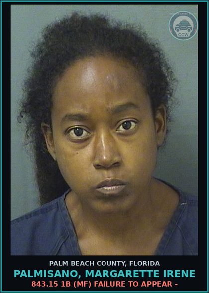 CCW arrest card for PALMISANO, MARGARETTE IRENE in Palm Beach County: 843.15 1B (MF) FAILURE TO APPEAR -