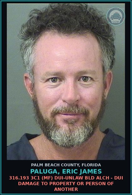 CCW arrest card for PALUGA, ERIC JAMES in Palm Beach County: 316.193 3C1 (MF) DUI-UNLAW BLD ALCH - DUI DAMAGE TO PROPERTY OR PERSON OF ANOTHER