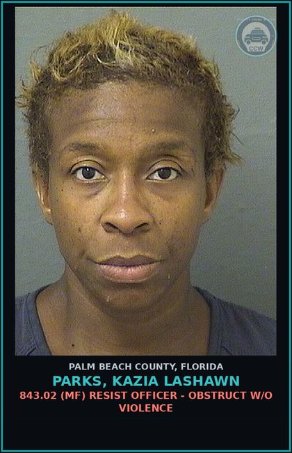 CCW arrest card for PARKS, KAZIA LASHAWN in Palm Beach County: 843.15 1B (MF) FAILURE TO APPEAR -