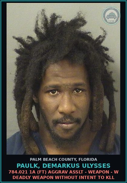 CCW arrest card for PAULK, DEMARKUS ULYSSES in Palm Beach County: 784.021 1A (FT) AGGRAV ASSLT - WEAPON - W DEADLY WEAPON WITHOUT INTENT TO KILL