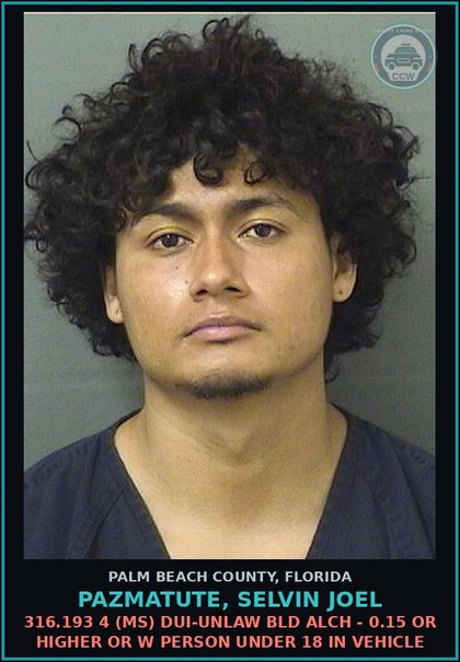 CCW arrest card for PAZMATUTE, SELVIN JOEL in Palm Beach County: 316.193 4 (MS) DUI-UNLAW BLD ALCH - 0.15 OR HIGHER OR W PERSON UNDER 18 IN VEHICLE