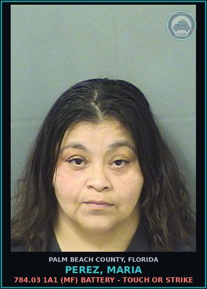 CCW arrest card for PEREZ, MARIA in Palm Beach County: 784.03 1A1 (MF) BATTERY - TOUCH OR STRIKE