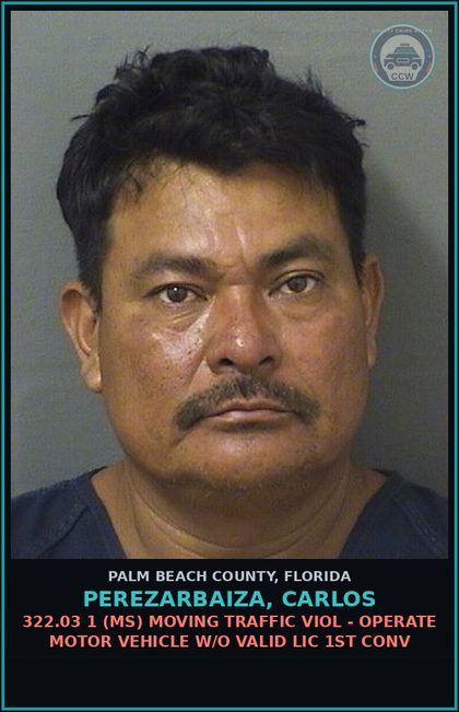 CCW arrest card for PEREZARBAIZA, CARLOS in Palm Beach County: 322.03 1 (MS) MOVING TRAFFIC VIOL - OPERATE MOTOR VEHICLE W/O VALID LIC 1ST CONV