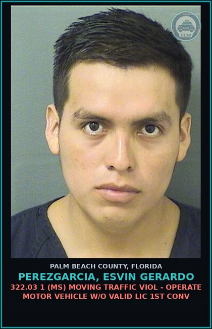 CCW arrest card for PEREZGARCIA, ESVIN GERARDO in Palm Beach County: 322.03 1 (MS) MOVING TRAFFIC VIOL - OPERATE MOTOR VEHICLE W/O VALID LIC 1ST CONV