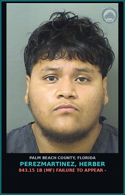 CCW arrest card for PEREZMARTINEZ, HERBER in Palm Beach County: 843.15 1B (MF) FAILURE TO APPEAR -