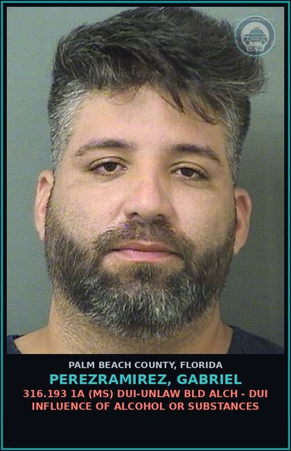 CCW arrest card for PEREZRAMIREZ, GABRIEL in Palm Beach County: 316.193 1A (MS) DUI-UNLAW BLD ALCH - DUI INFLUENCE OF ALCOHOL OR DRUGS