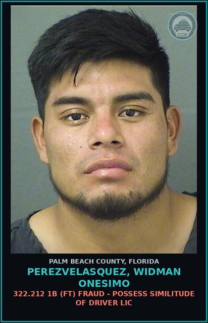 CCW arrest card for PEREZVELASQUEZ, WIDMAN ONESIMO in Palm Beach County: 843.15 1B (MF) FAILURE TO APPEAR -