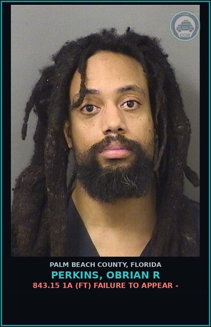 CCW arrest card for PERKINS, OBRIAN R in Palm Beach County: 843.15 1A (FT) FAILURE TO APPEAR -