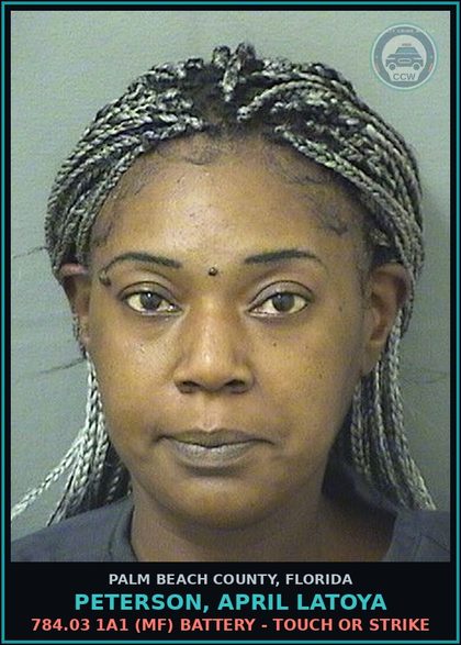 CCW arrest card for PETERSON, APRIL LATOYA in Palm Beach County: 784.03 1A1 (MF) BATTERY - TOUCH OR STRIKE