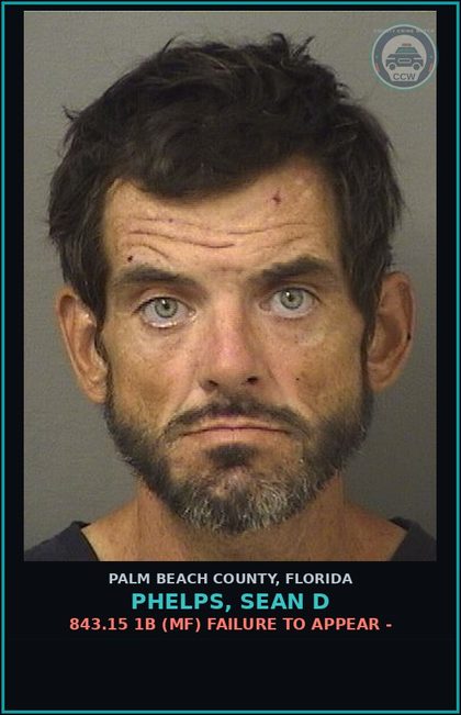 CCW arrest card for PHELPS, SEAN D in Palm Beach County: 843.15 1B (MF) FAILURE TO APPEAR -