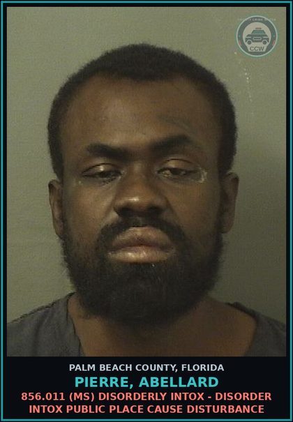 CCW arrest card for PIERRE, ABELLARD in Palm Beach County: 856.011 (MS) DISORDERLY INTOX - DISORDER INTOX PUBLIC PLACE CAUSE DISTURBANCE