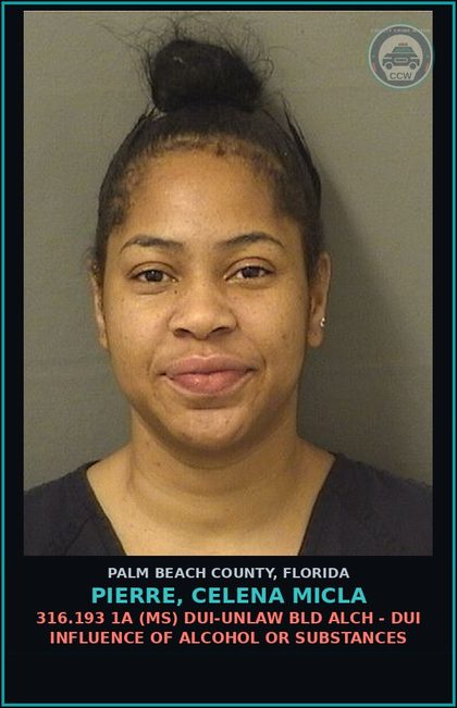 CCW arrest card for PIERRE, CELENA MICLA in Palm Beach County: 316.193 1A (MS) DUI-UNLAW BLD ALCH - DUI INFLUENCE OF ALCOHOL OR DRUGS