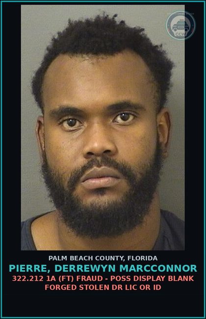 CCW arrest card for PIERRE, DERREWYN MARCCONNOR in Palm Beach County: 322.34 5 (FT) MOVING TRAFFIC VIOL - DRIVE WHILE LIC SUSP HABITUAL OFFENDER