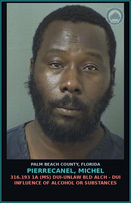 CCW arrest card for PIERRECANEL, MICHEL in Palm Beach County: 316.193 1A (MS) DUI-UNLAW BLD ALCH - DUI INFLUENCE OF ALCOHOL OR DRUGS