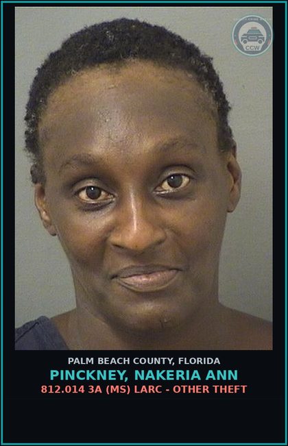 CCW arrest card for PINCKNEY, NAKERIA ANN in Palm Beach County: 812.014 3A (MS) LARC - OTHER THEFT