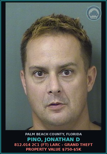 CCW arrest card for PINO, JONATHAN D in Palm Beach County: 812.014 2C1 (FT) LARC - GRAND THEFT PROPERTY VALUE $750-$5K
