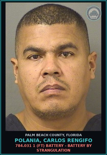 CCW arrest card for POLANIA, CARLOS RENGIFO in Palm Beach County: 784.031 1 (FT) BATTERY - BATTERY BY STRANGULATION