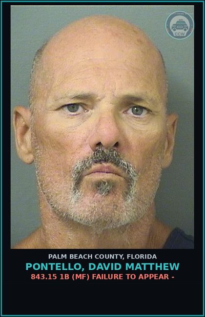 CCW arrest card for PONTELLO, DAVID MATTHEW in Palm Beach County: 843.15 1B (MF) FAILURE TO APPEAR -
