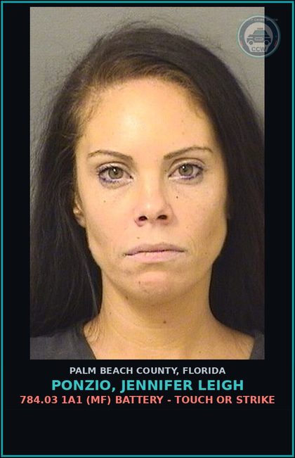 CCW arrest card for PONZIO, JENNIFER LEIGH in Palm Beach County: 784.03 1A1 (MF) BATTERY - TOUCH OR STRIKE